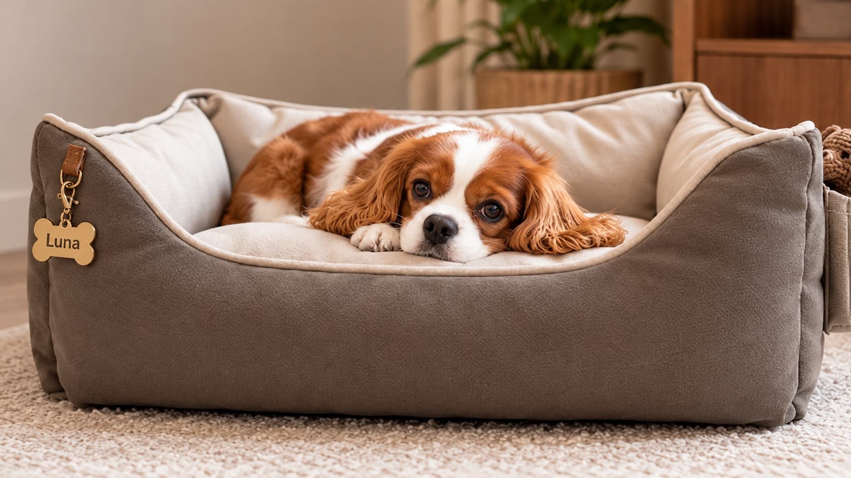 Cavalier köpek Luna, isimlikli cesa pets yatağında uzanıyor