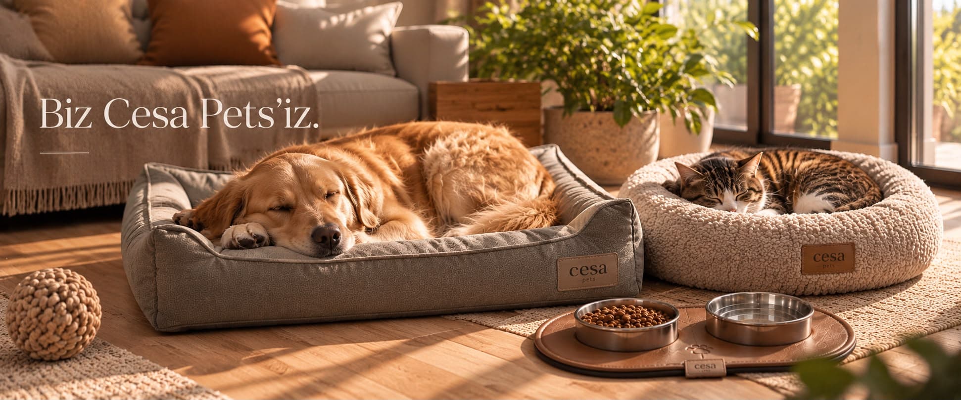 Biz Cesa Pets'iz: güneşli salonda cesa yatağında uyuyan golden retriever, yuvarlak yatakta kedi ve deri mama altlığı