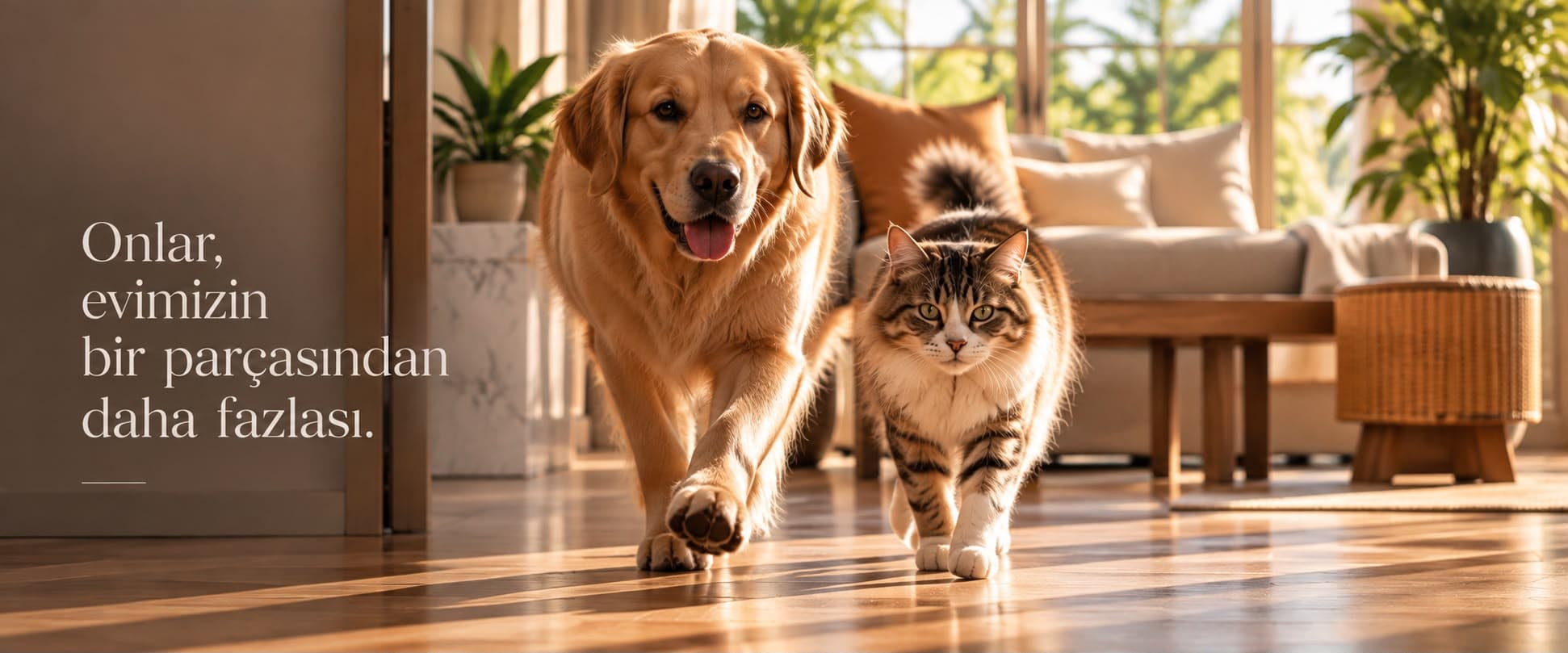 Onlar, evimizin bir parçasından daha fazlası: salonda yan yana yürüyen golden retriever ve kedi