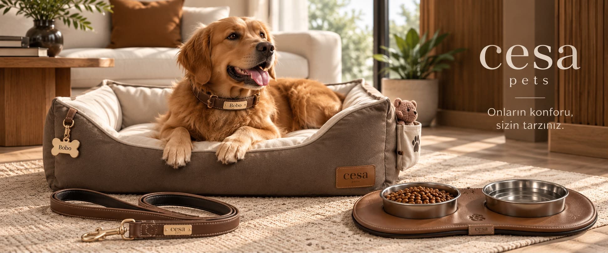 Golden retriever cesa pets yatağında; önünde isimlikli deri tasma, gezdirme kayışı ve mama altlığı