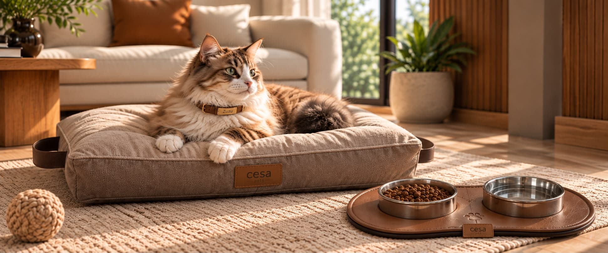 Kedi Zuzu cesa pets minderinde; yanında mama altlığı ve örgü oyuncak top